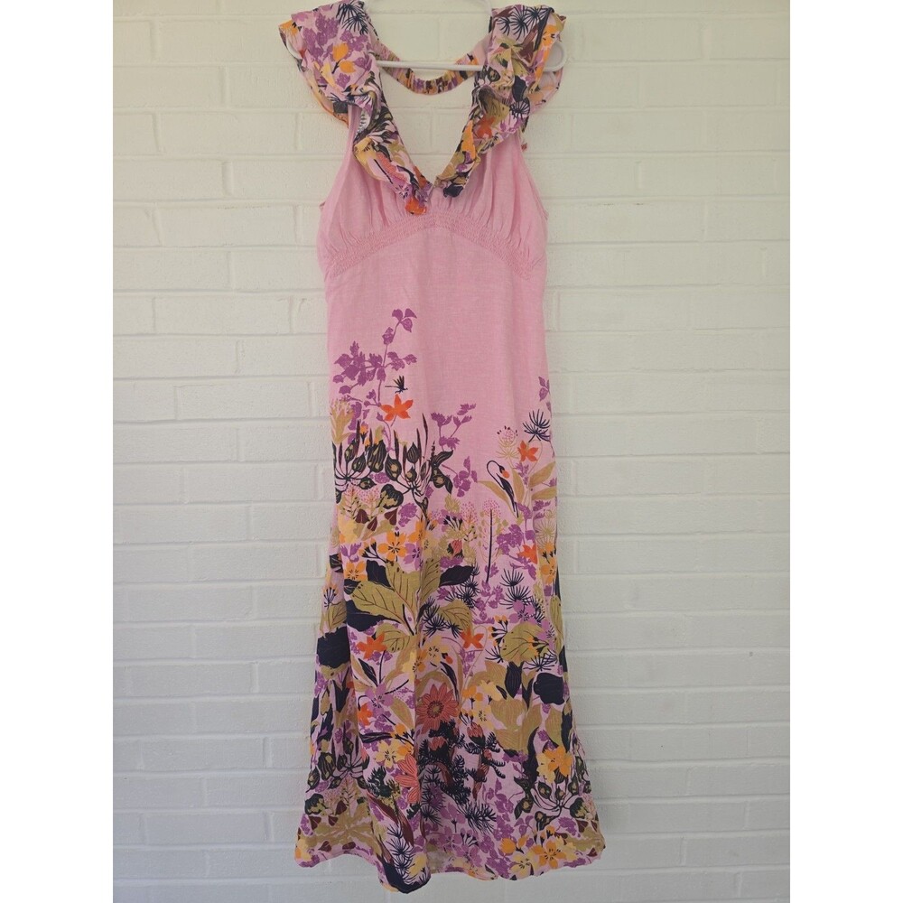 ANTHROPOLOGIE V-Neck Ruffle Linen Viscose Dress Size Large Pink Blue Floral - Picture 2 of 12